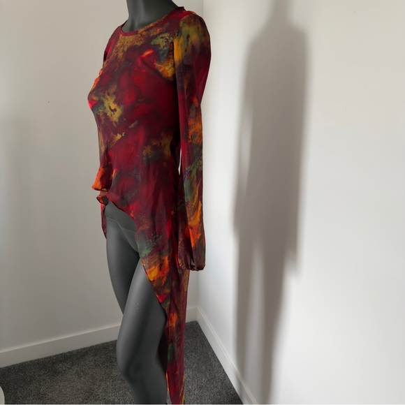 See You Monday LA Sheer Long Sleeve Hi-Low Mesh Top | Fire Print | Size S - Picture 3 of 6
